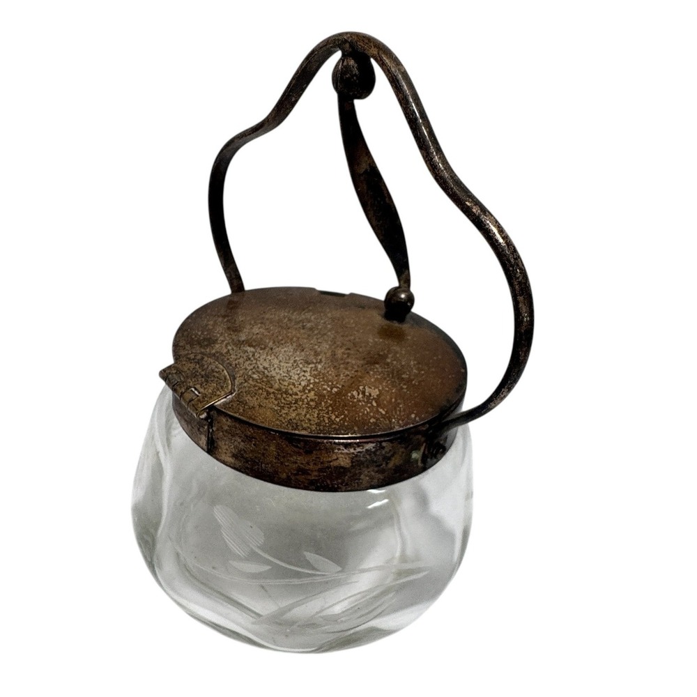 Antique Etched Glass Jam Jar Silver Plate Hinge Lid Handle Victorian condiment
